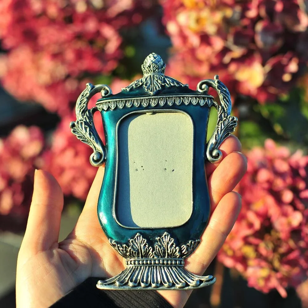 1pcs Silver Sea Green Glaze Metalwork Crystal Floral Picture frame